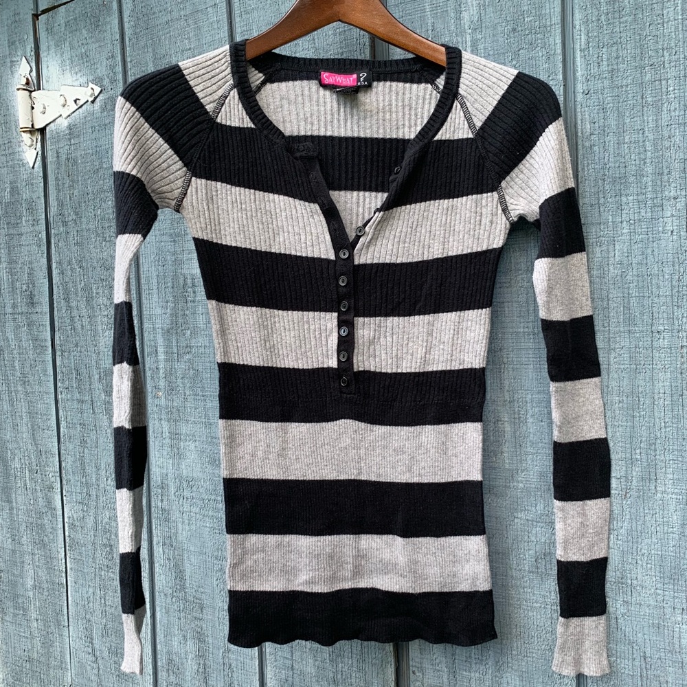 Say What? Long Sleeve Sweater Black and Gray Large